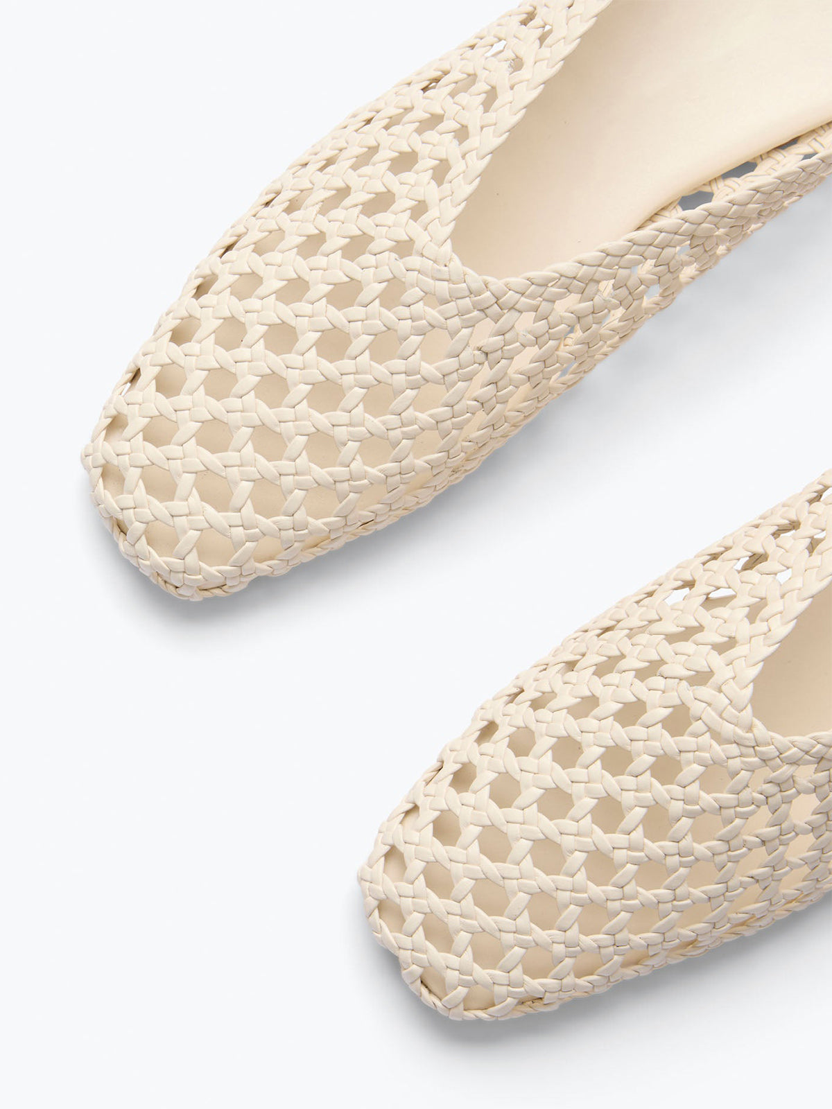 Woven Vegan Leather Square-Toe Ankle Lace-Up Backless Flats - Bone