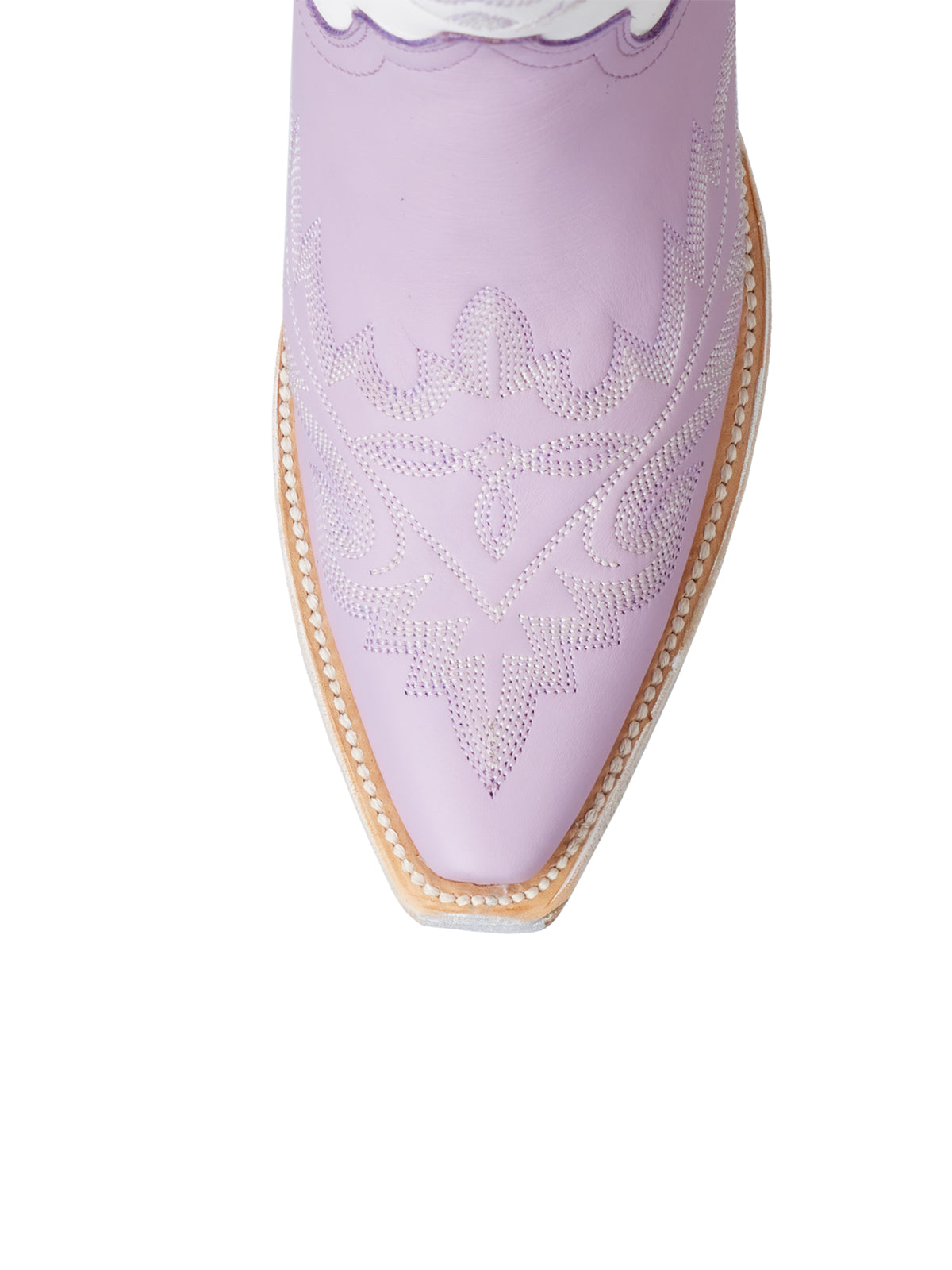 Contrast White And Lavender Snip-Toe Chic Embroidery Mid Calf Cowgirl Boots