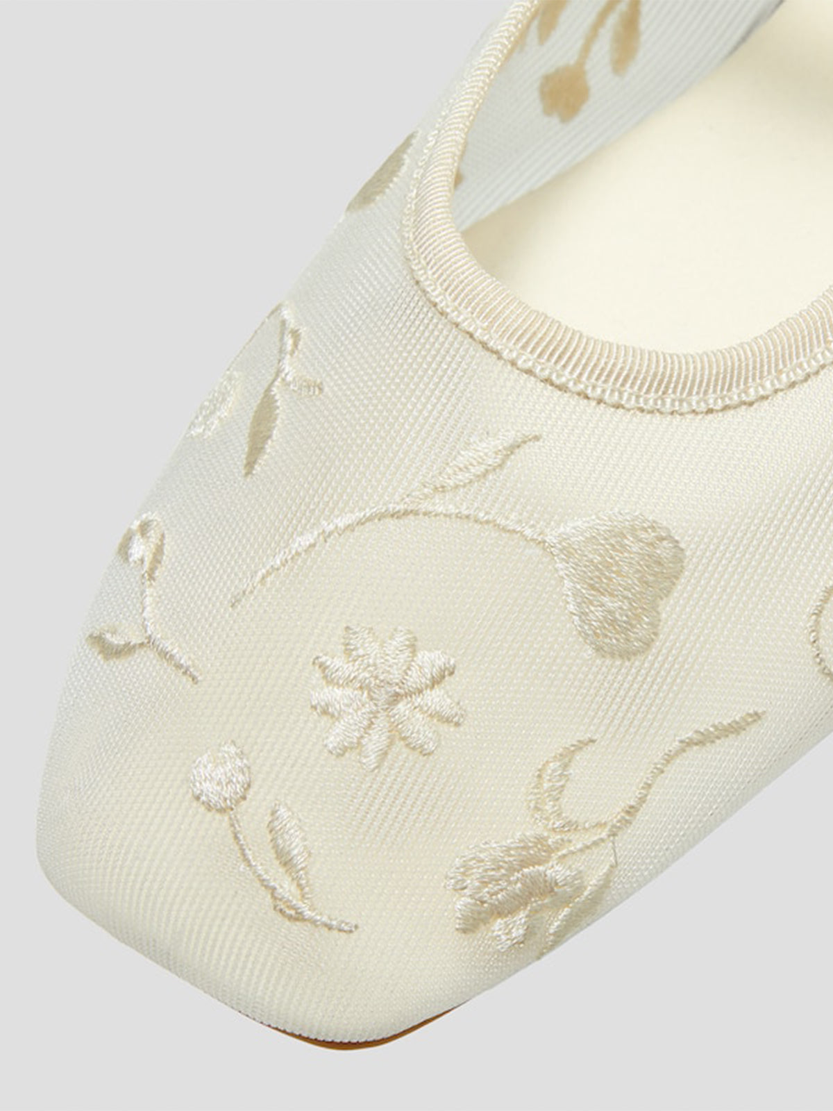 Mesh And Satin Square-Toe Floral Embroidery Mary Jane Flats - Cream