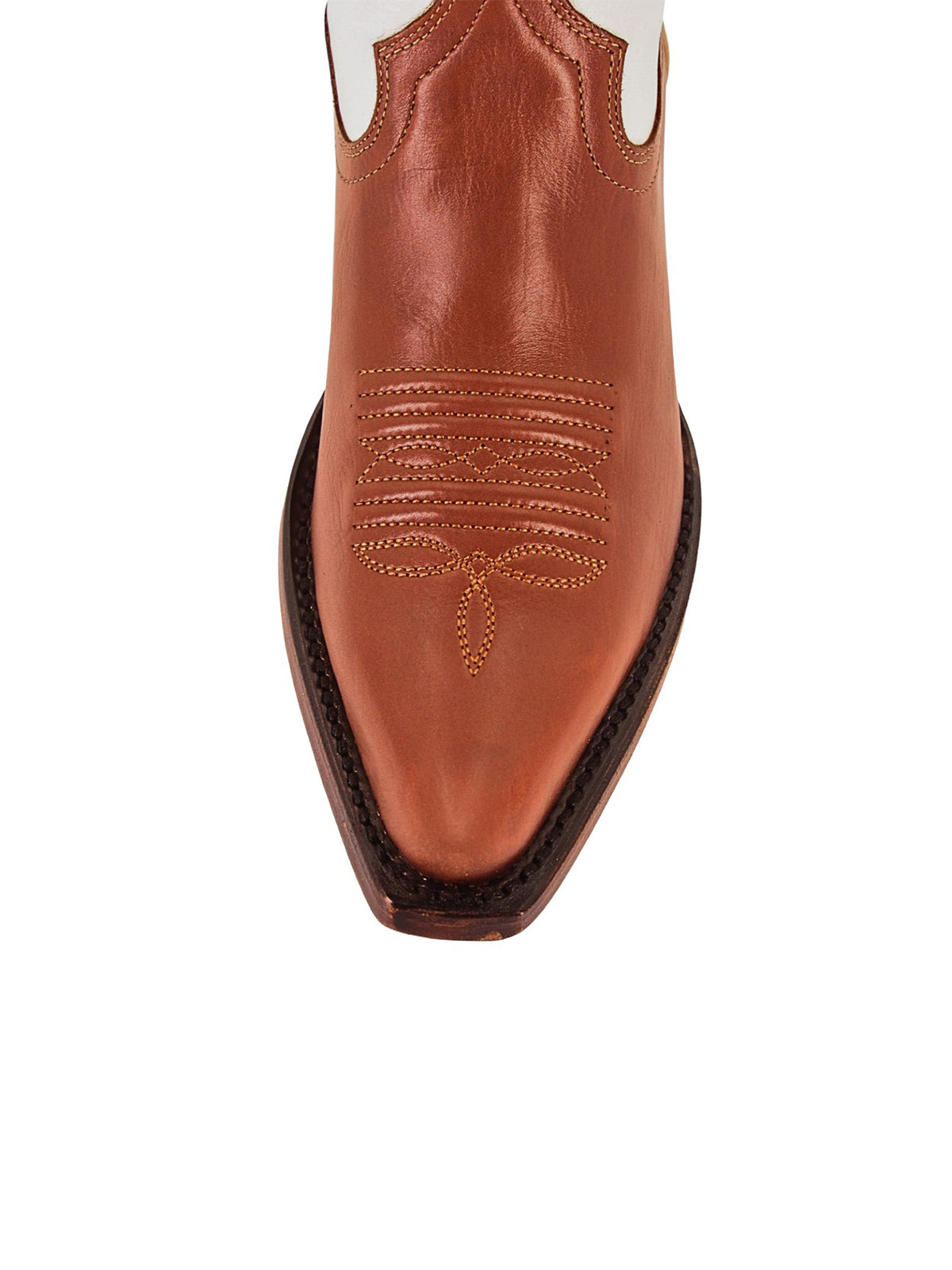 Contrast White And Caramel Snip-Toe Simple Embroidery Classic Mid Calf Cowgirl Boots