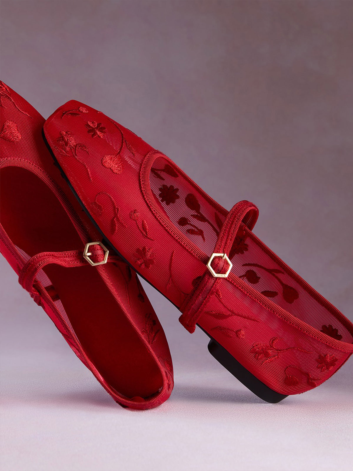 Mesh And Satin Square-Toe Floral Embroidery Mary Jane Flats - Red