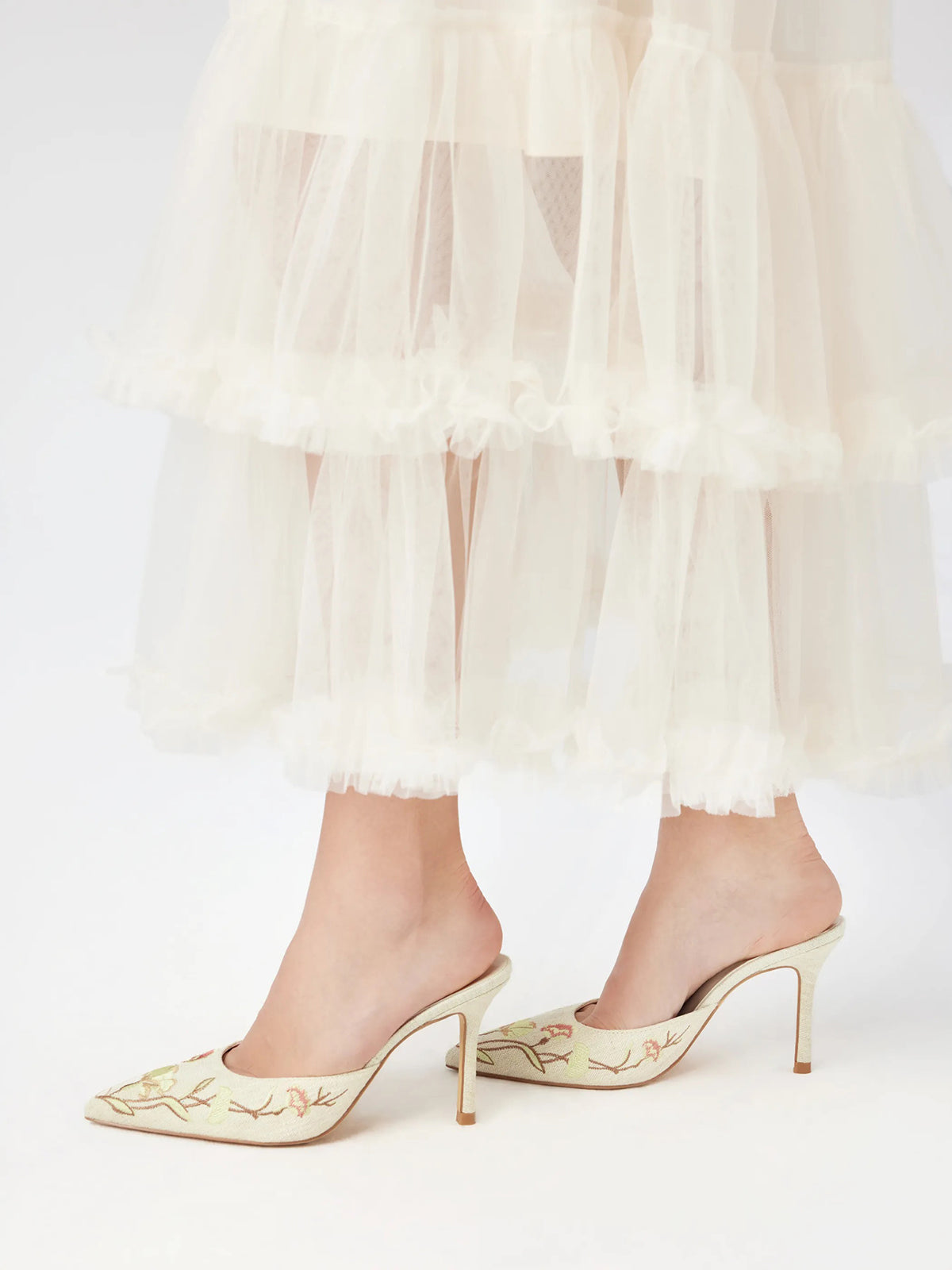 Beige Woven Canvas Pointed-Toe Flower Embroidery Slip-On High Heels