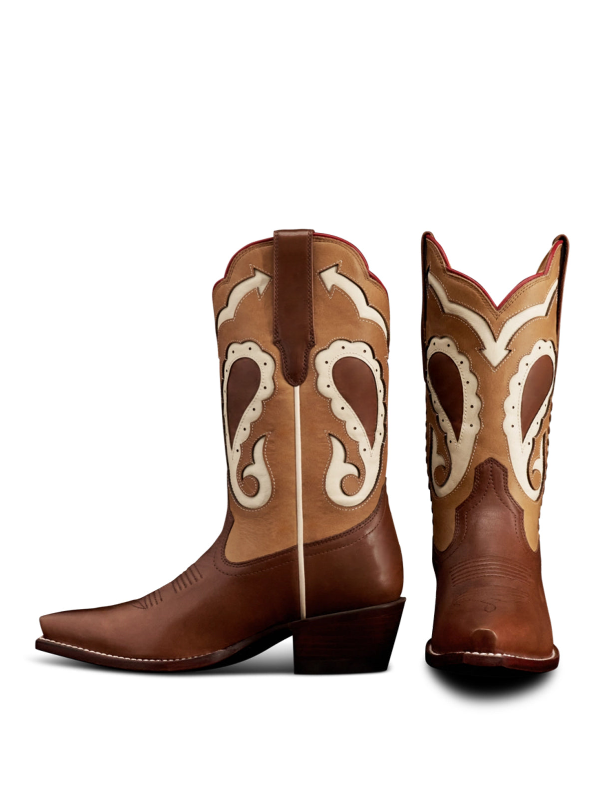 Contrast Brown And Tan Snip-Toe Chic Inlay Mid Calf Cowgirl Boots