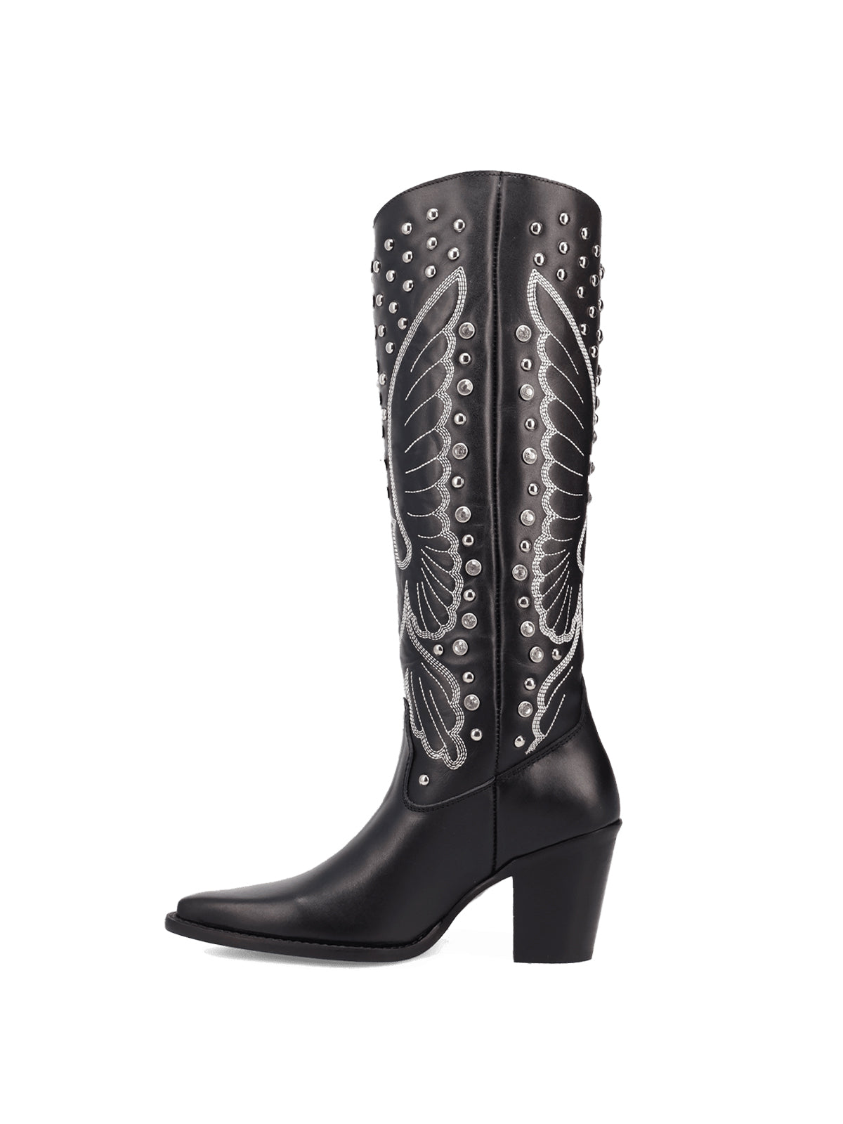 Black Snip-Toe Big Bird Embroidery And Studs Wide Calf Knee High Cowgirl Boots