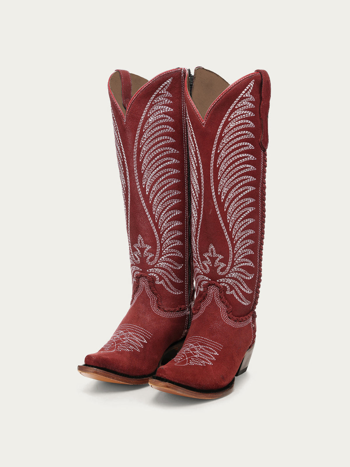 Chic Wings Embroidery Snip-Toe Full-Zip Knee High Cowgirl Boots - Wine Red