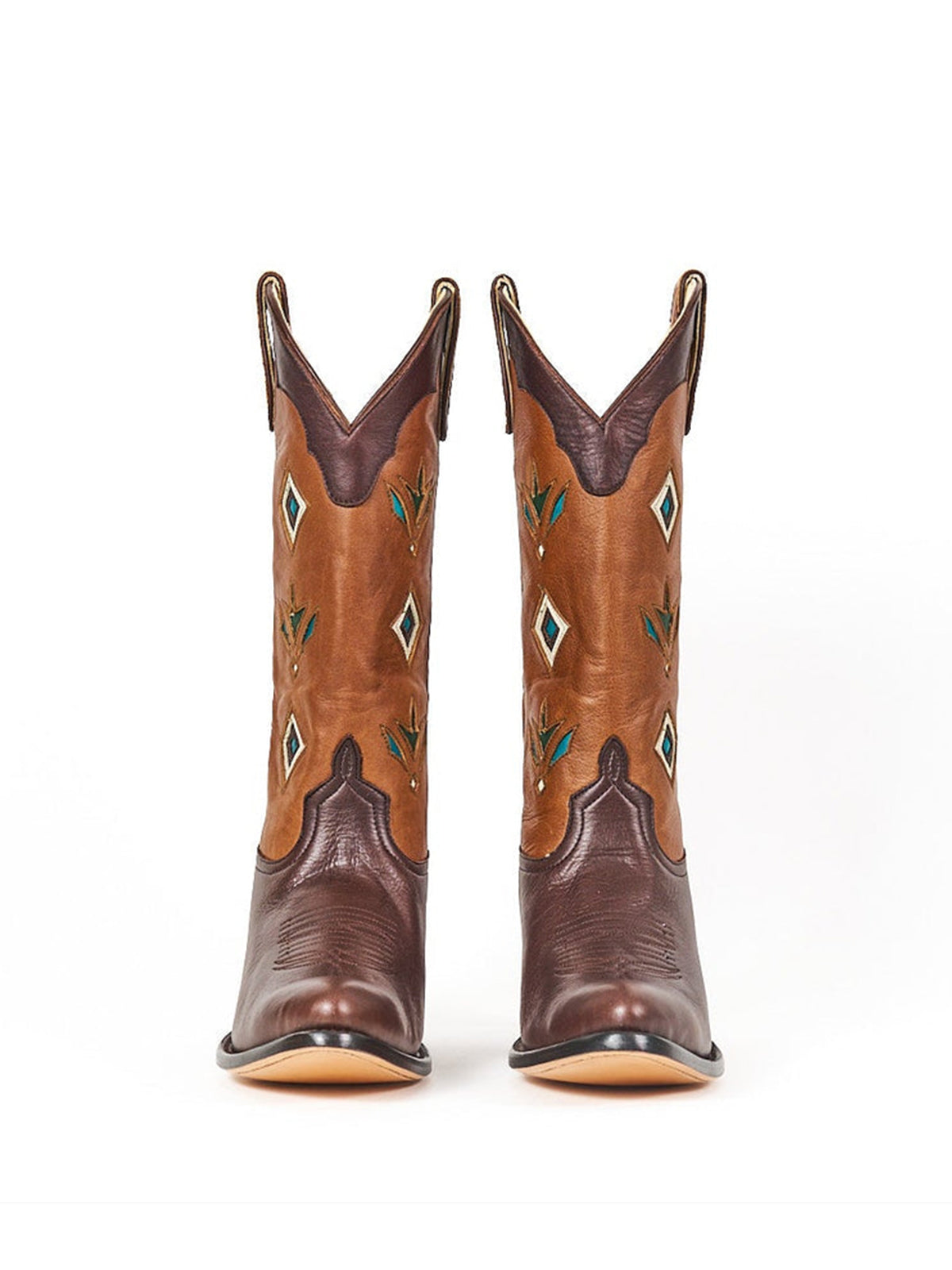 Contrast Brown And Chocolate Round-Toe Inlay Mid Calf Cowgirl Boots
