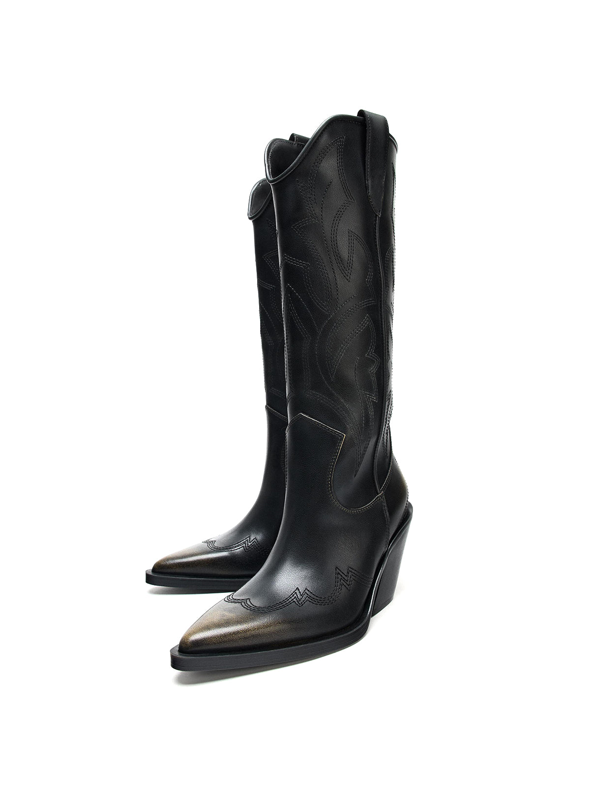 Black Pointed-Toe Classic Embroidery Chic Wide Calf Knee High Cowgirl Boots