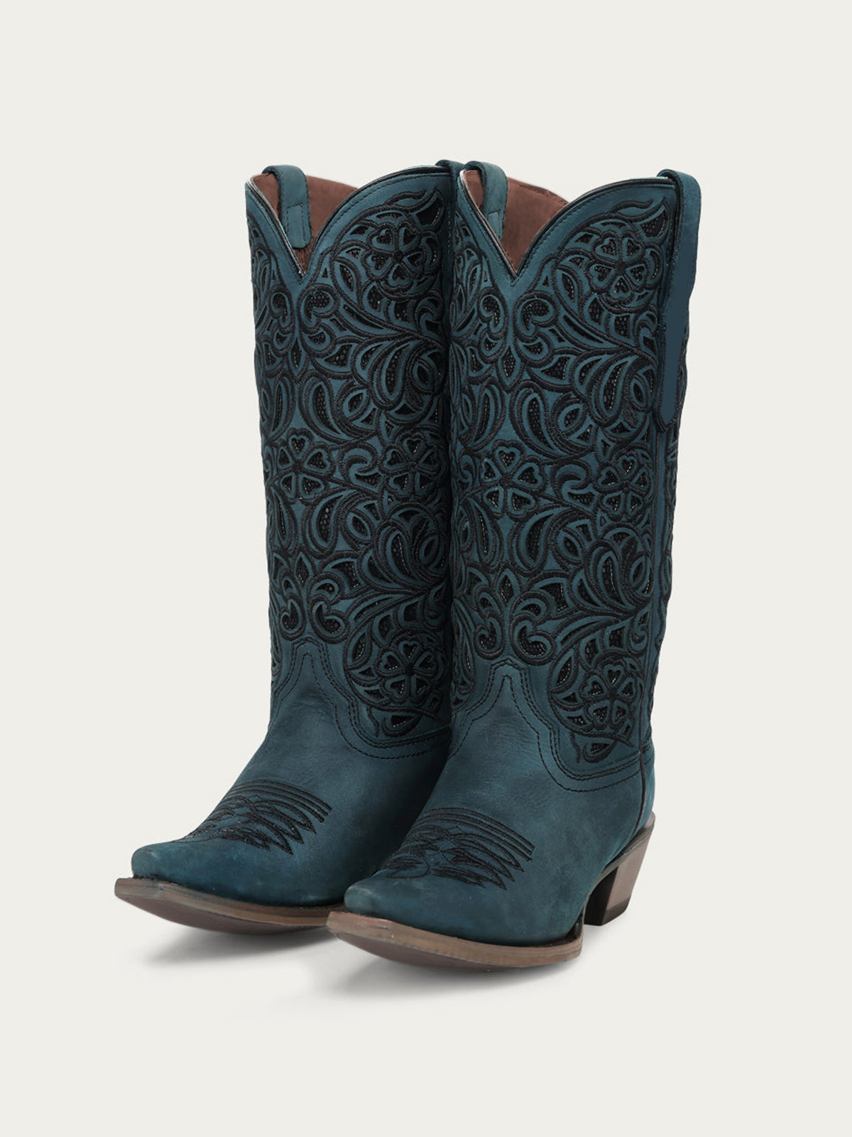 Navy Snip-Toe Inlay And Floral Embroidery Chic Mid Calf Cowgirl Boots