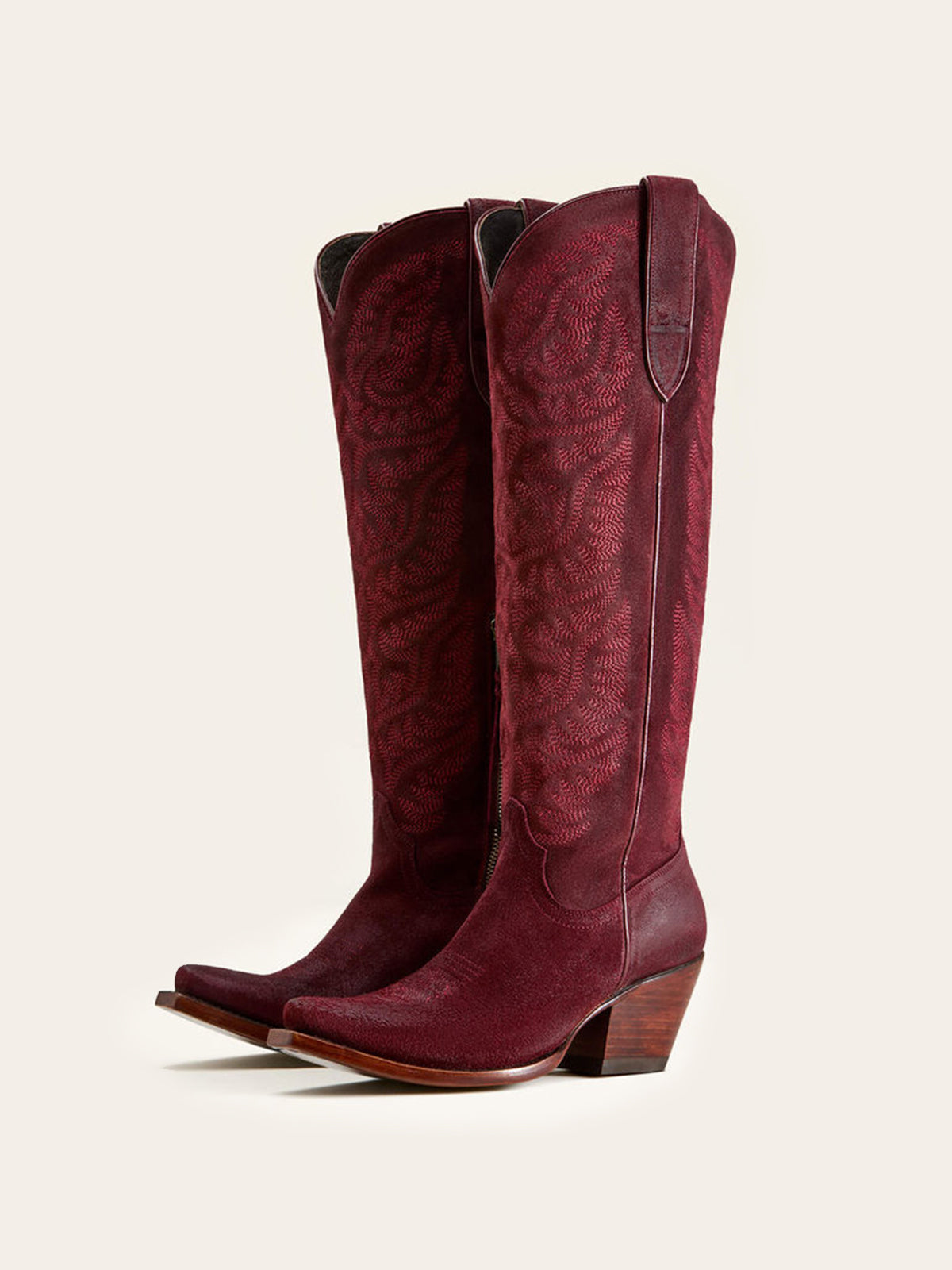 Embroidery Half-Zip Tall Knee High Faux Suede Snip-Toe Cowgirl Boots - Burgundy