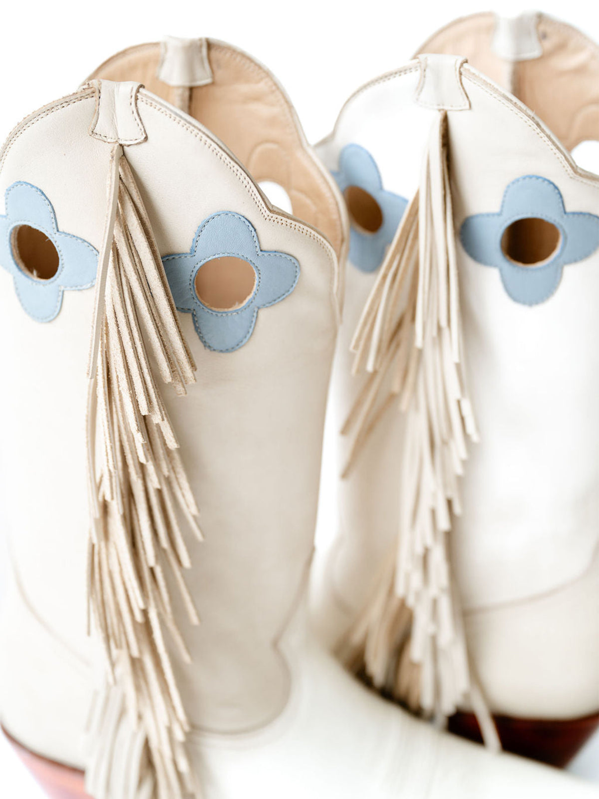 Bone Pointed-Toe Side Fringes And Cutout Mid Calf Cowgirl Boots