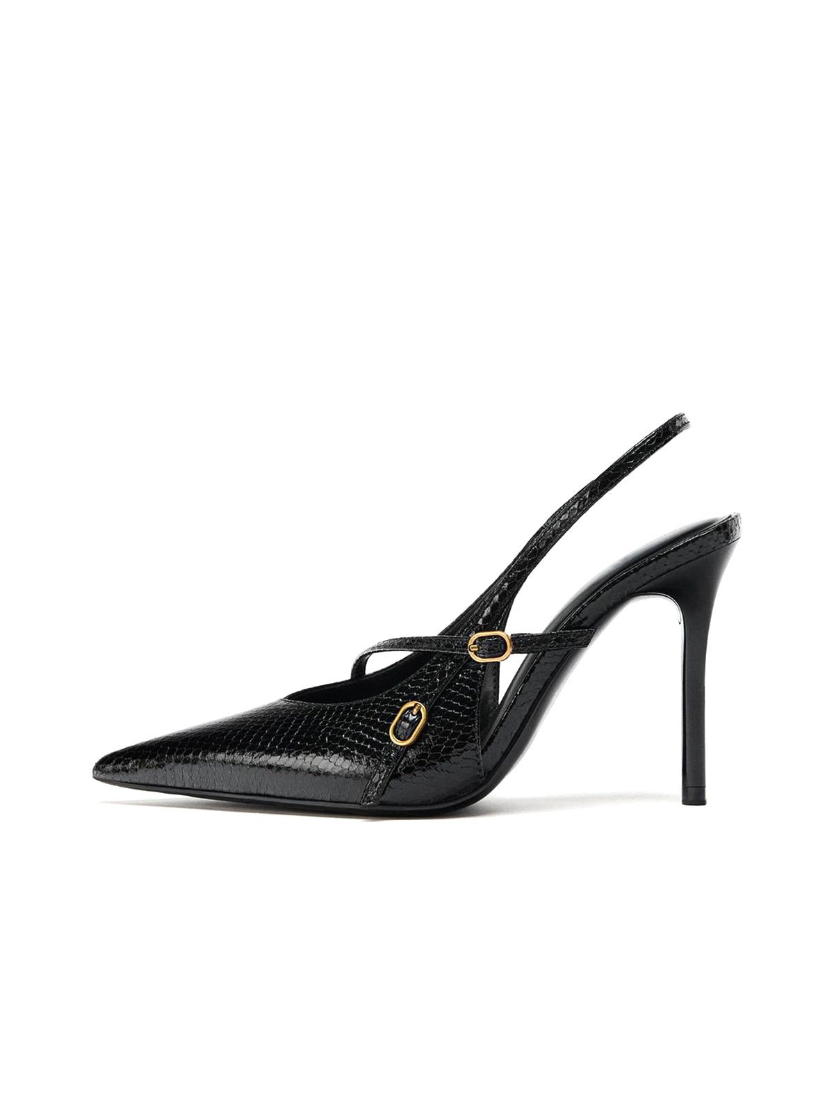 Black Snakeskin Print Pointed-Toe Side Buckle And Slingback High Heels
