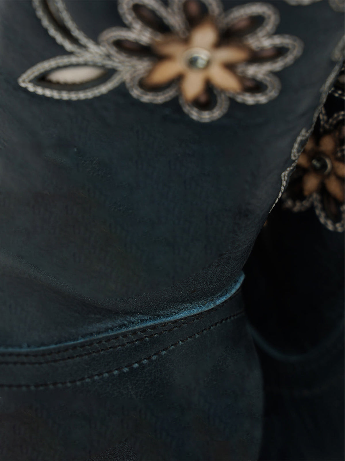 Navy Snip-Toe Leaves Flowers And Bird Inlay Half-Zip Knee High Cowgirl Boots