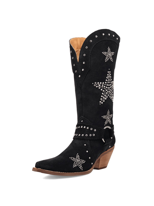 Black Faux Suede Snip-Toe Studded Stars Buckle Strap Mid Calf Cowgirl Boots