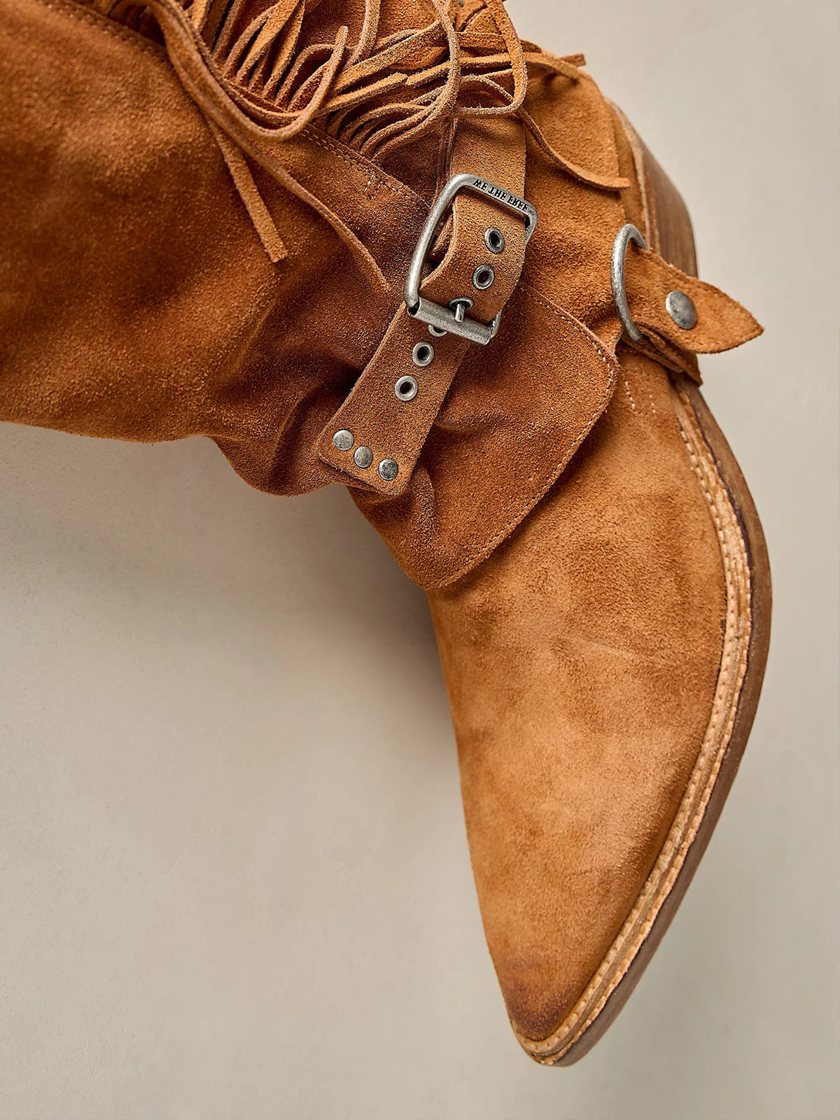 Tan Faux Suede Pointed-Toe Side Fringe Buckle Strap Over-The-Knee Cowgirl Boots