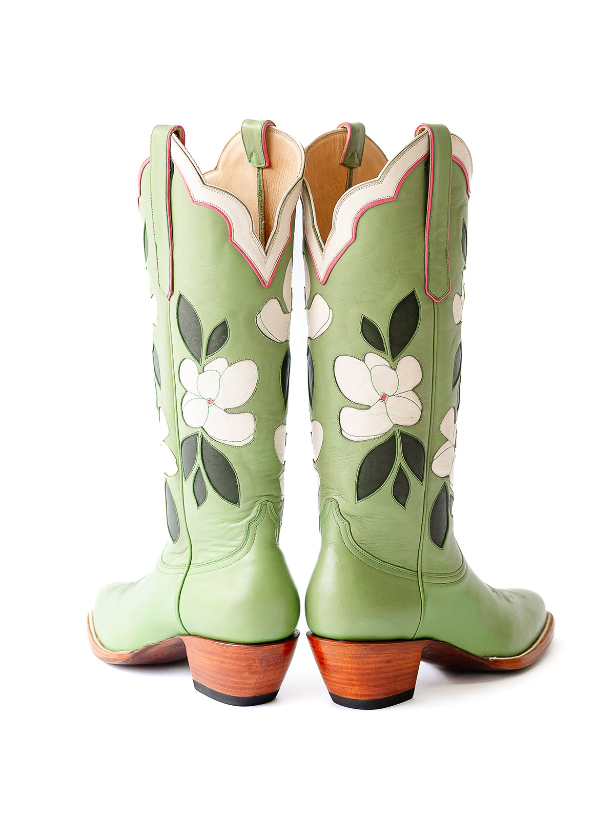 Green Almond-Toe White Flower Inlay Wide Calf Knee High Cowgirl Boots