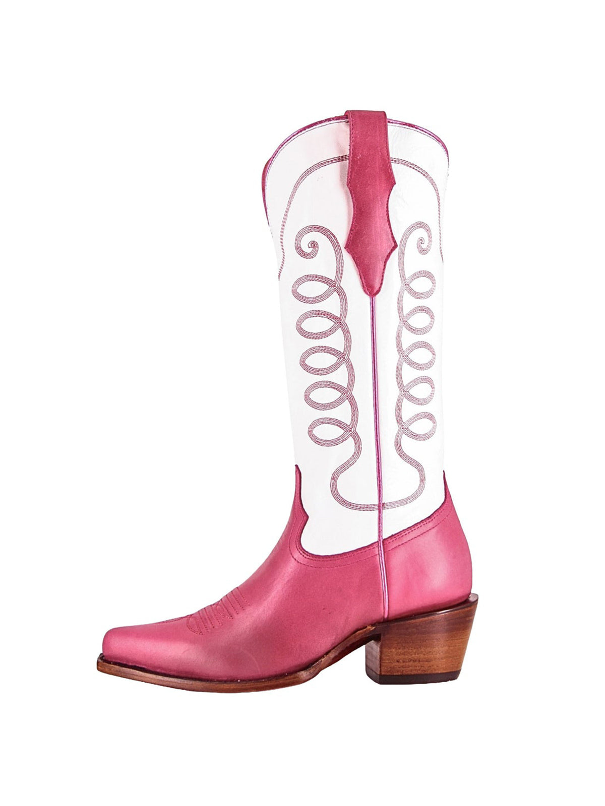Contrast White And Berry Snip-Toe Simple Embroidery Classic Mid Calf Cowgirl Boots