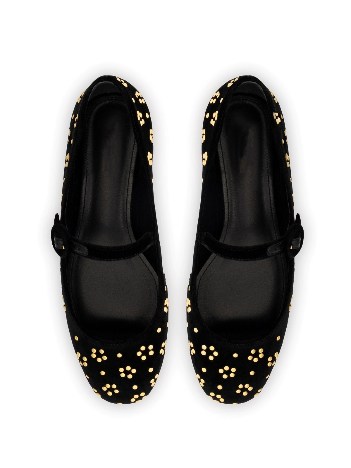 Black Velvet Round-Toe Bridge Starp Ballet Flats With Gold Studs