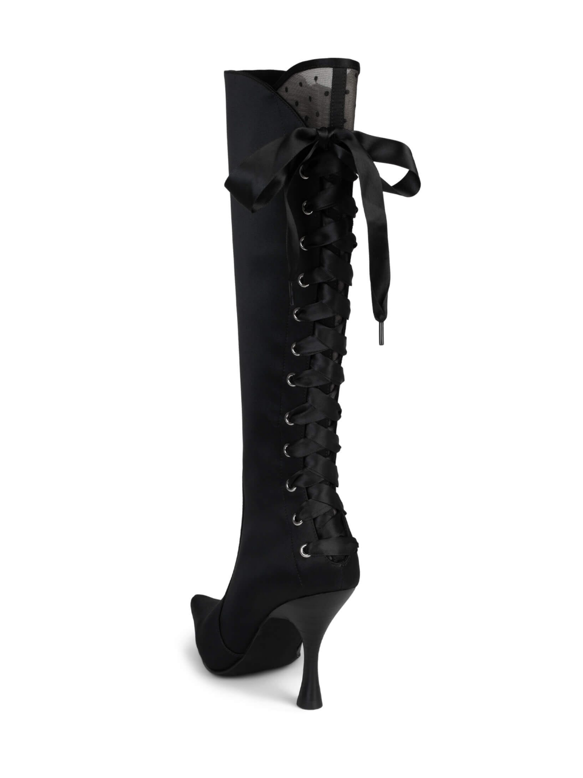 Black Satin Fabric Pointed-Toe Full-Zip Mid Calf Stiletto Boots With Lace-Up