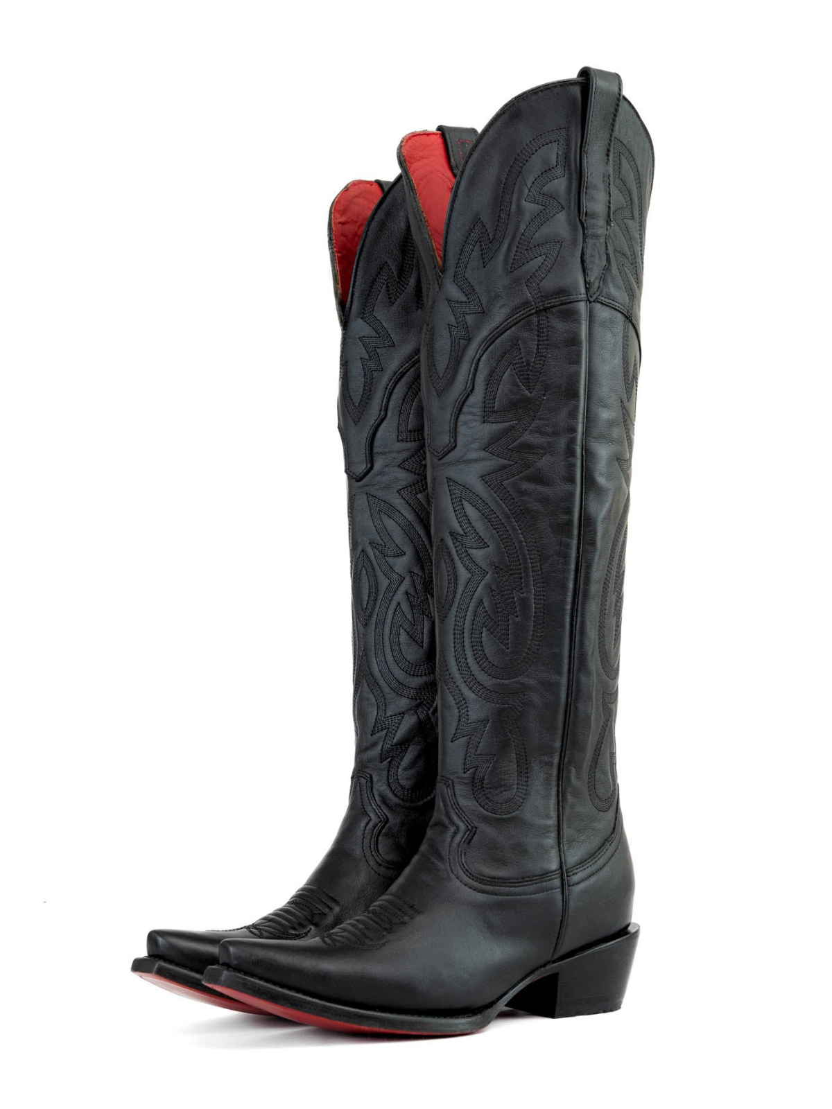 Black Snip-Toe Western Embroidery Half-Zip Knee High Cowgirl Boots