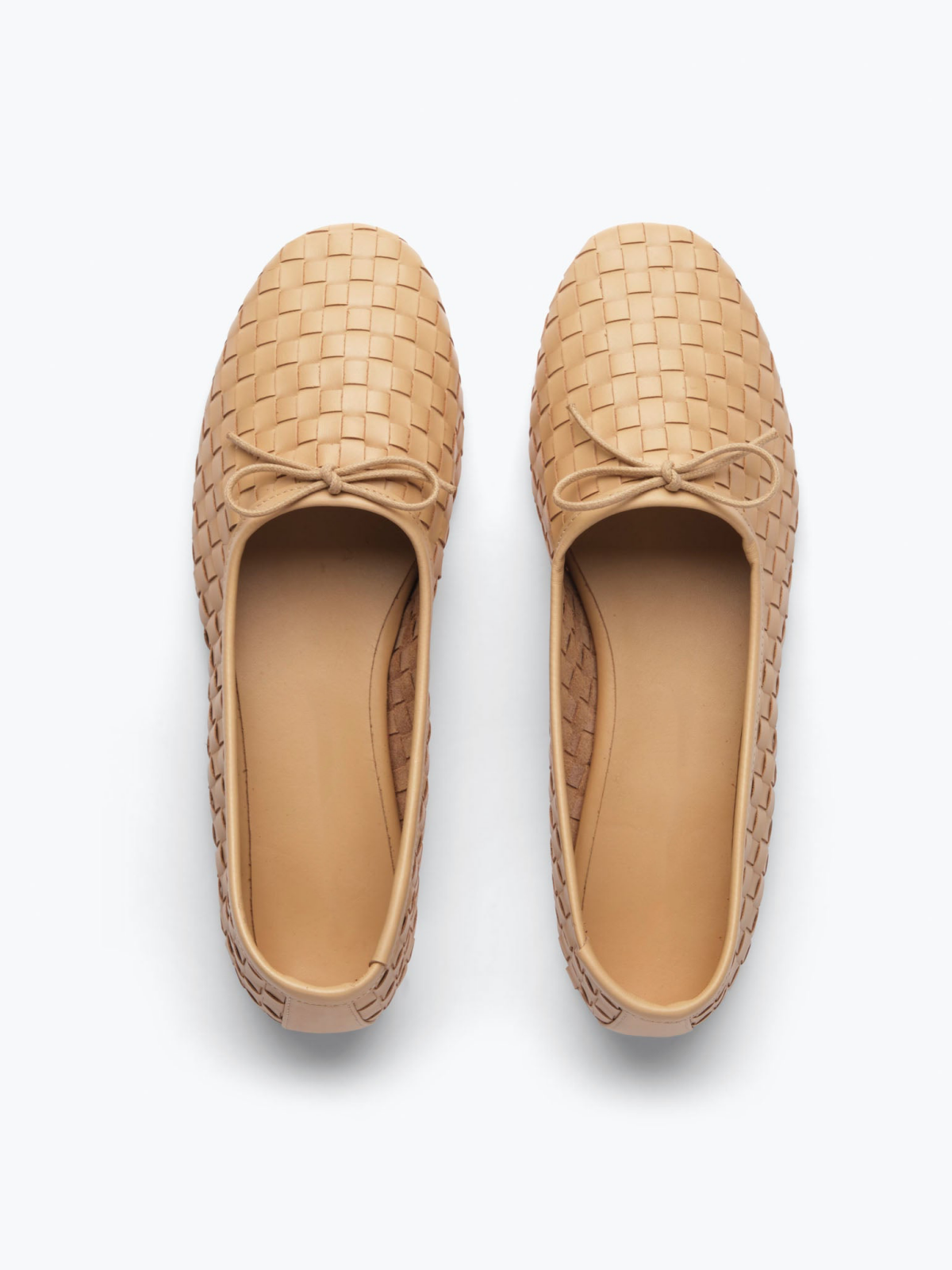 Tan Woven Bow Round-Toe Ballerina Flats