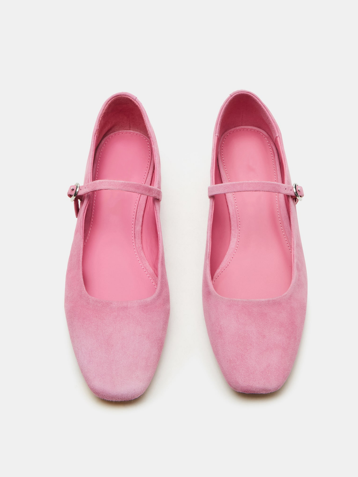 Pink Faux Suede Square-Toe Mary Janes Ballet Flats With Bridge Strap