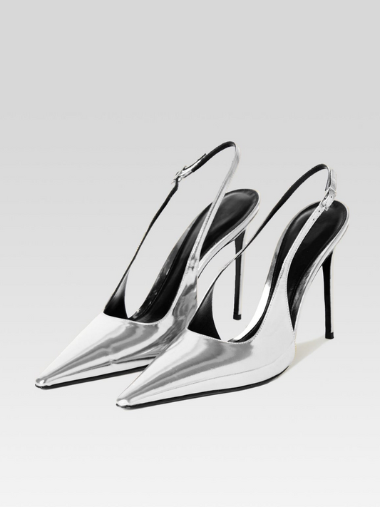 Metallic Silver Pointed-Toe Slingback High Heels