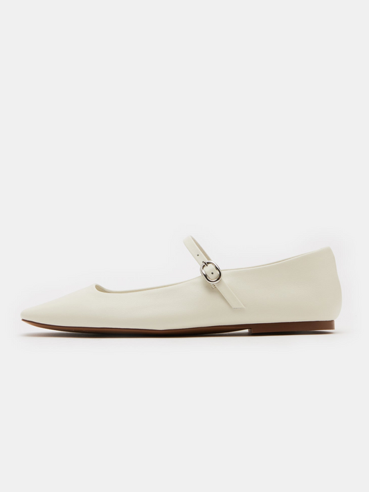 Patent Ivory Square-Toe Bridge Strap Mary Janes Ballet Flats