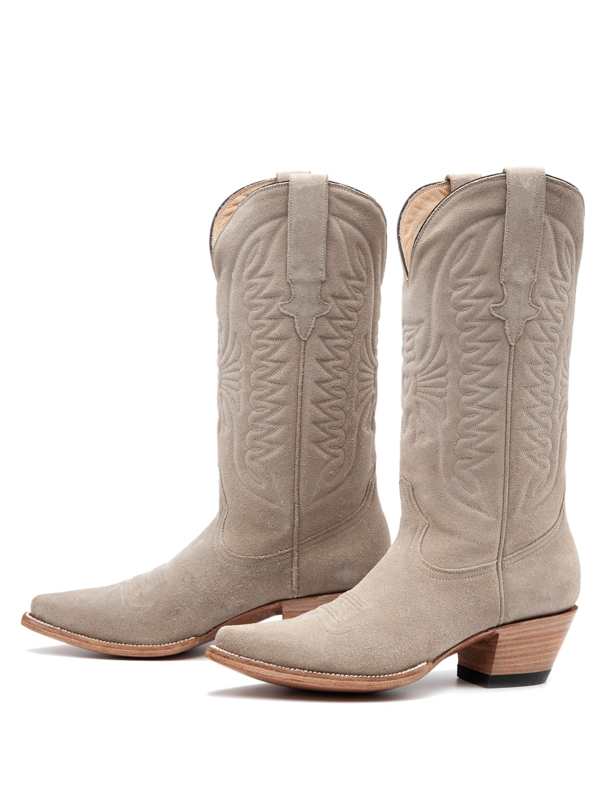 Cream Faux Suede Eagle And Heart Embroidery Pointed-Toe Wide Mid Calf Tall Cowgirl Boots