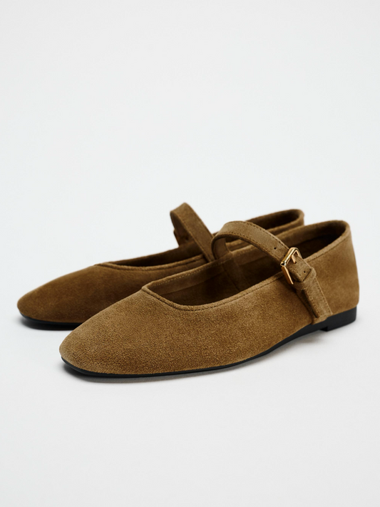 Dark Tan Faux Suede Round-Toe Buckle Closure At Instep Ballet Flats