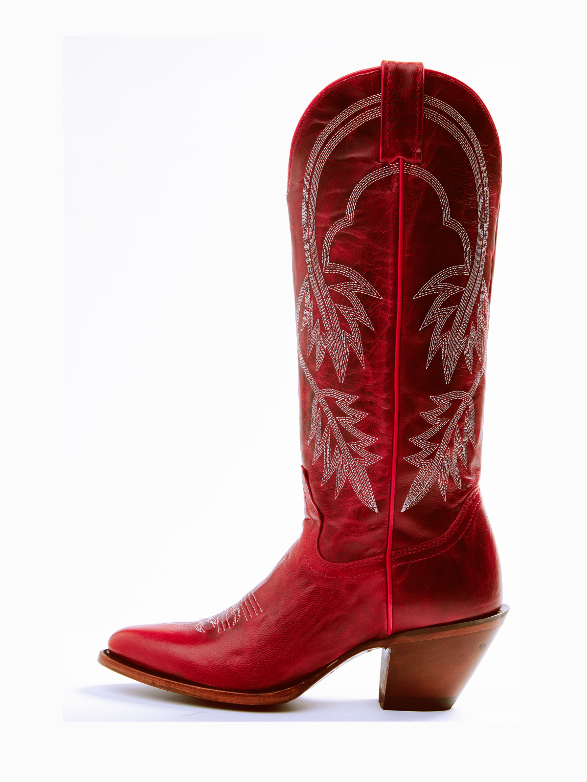 Red Almond-Toe Fallen Leaves Embroidery Wide Mid Calf Tall Cowgirl Boots