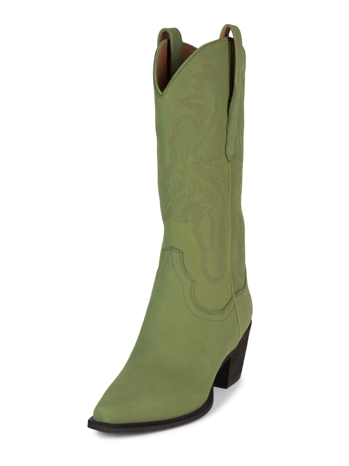 Green Snip-Toe Western Embroidery Wide Mid Calf Tall Cowgirl Boots