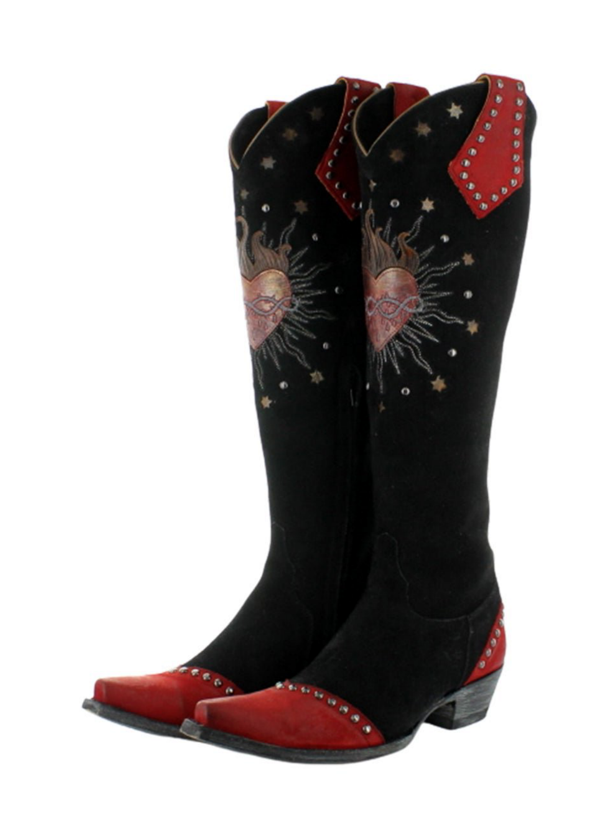 Contrast Black And Studded Red Snip-Toe Fire Heart Applique Star Inlay Wide Calf Knee High Cowgirl Boots