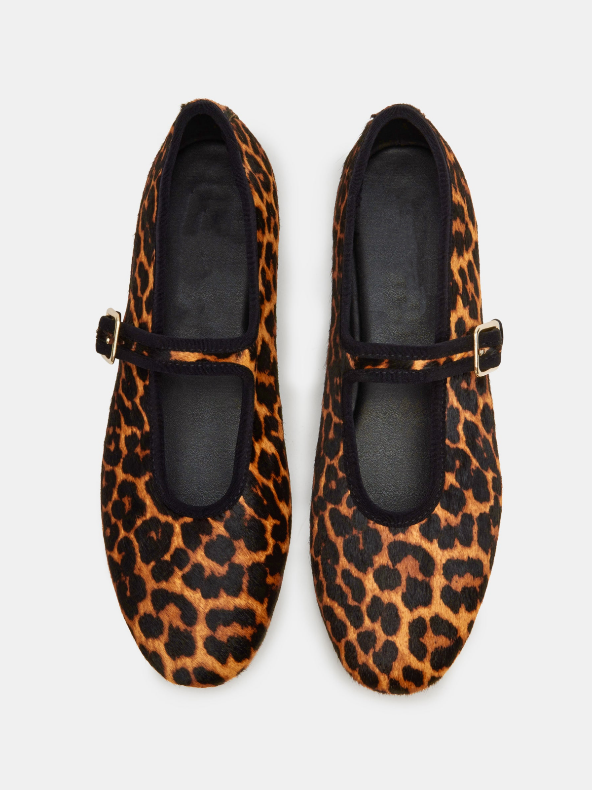 Leopard-Print Pony Hair Round-Toe Bridge Strap Mary Janes Ballet Flats