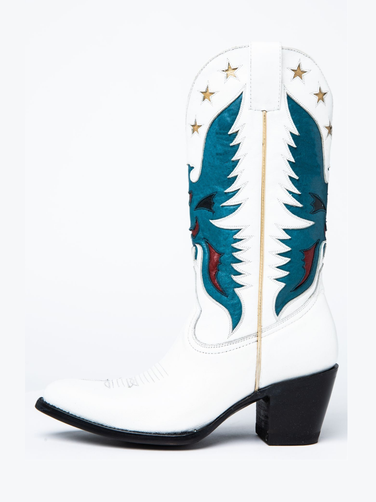 White Pointed-Toe Blue Eagle Star Inlay Wide Mid Calf Tall Cowgirl Boots