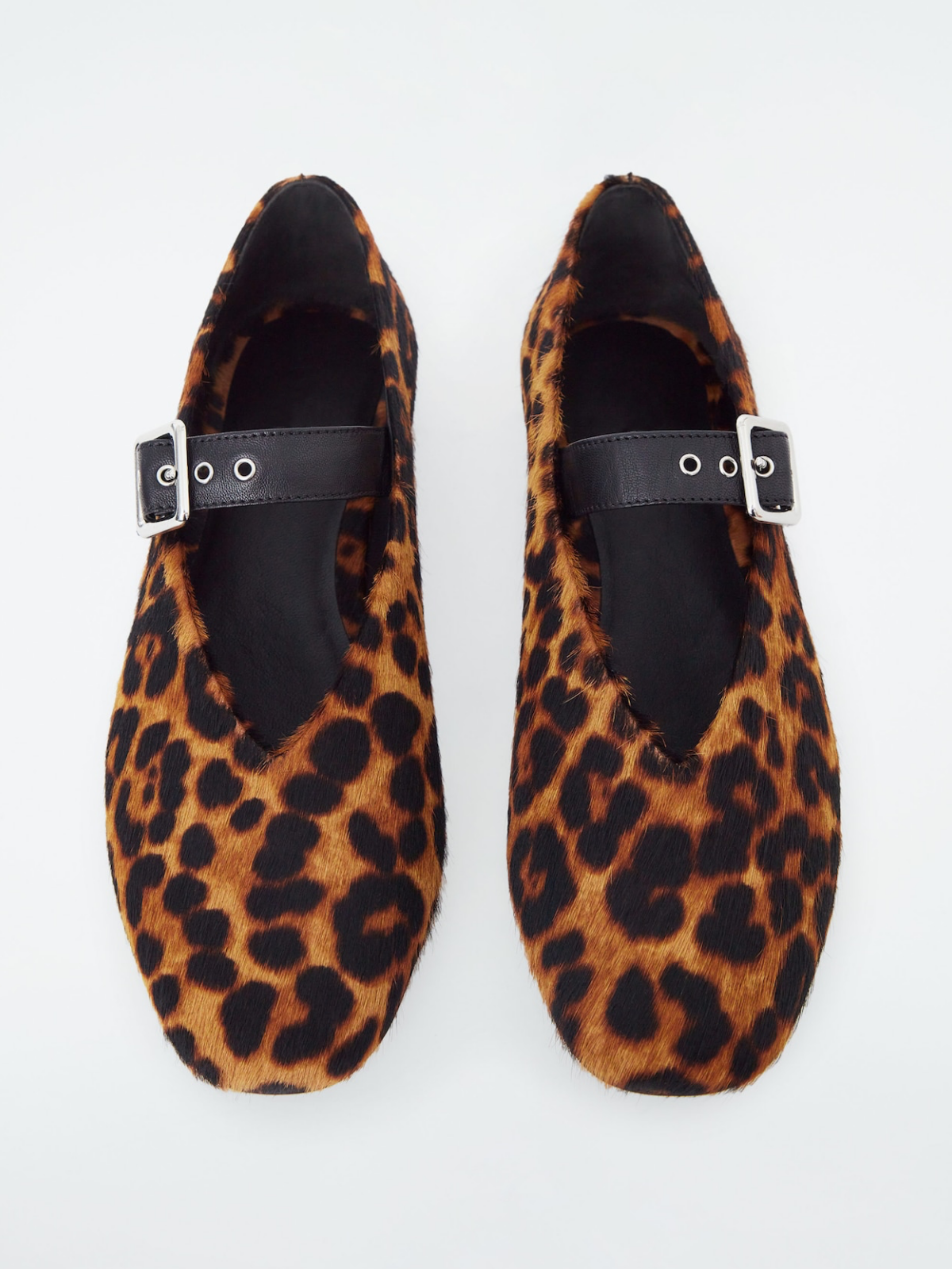 Leopard Faux Pony Hair Round-Toe Bridge Buckle Mary Janes Ballet Flats