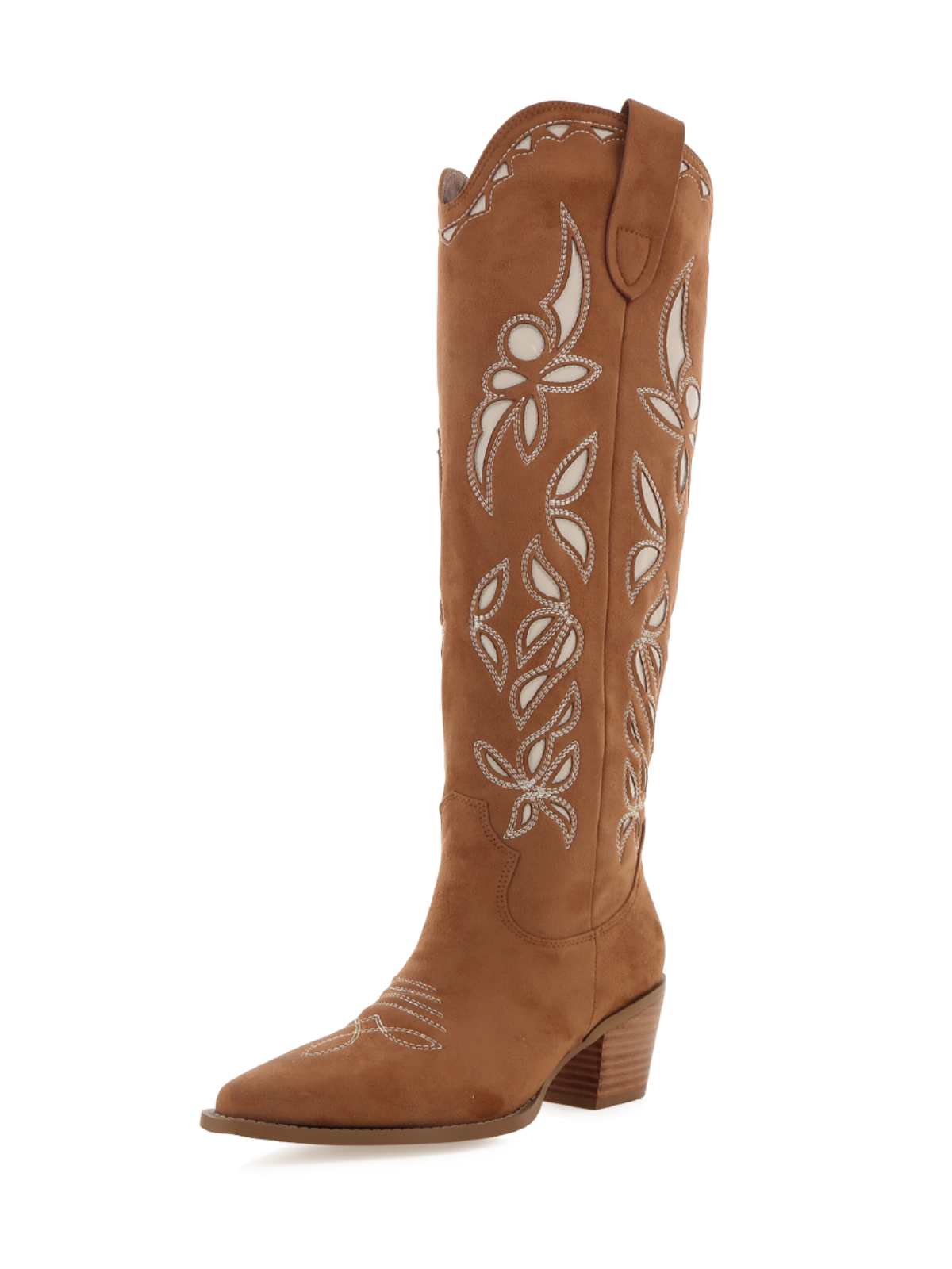 Dark Tan Faux Suede Snip-Toe Embroidery And Inlay Wide Calf Tall Knee High Cowgirl Boots