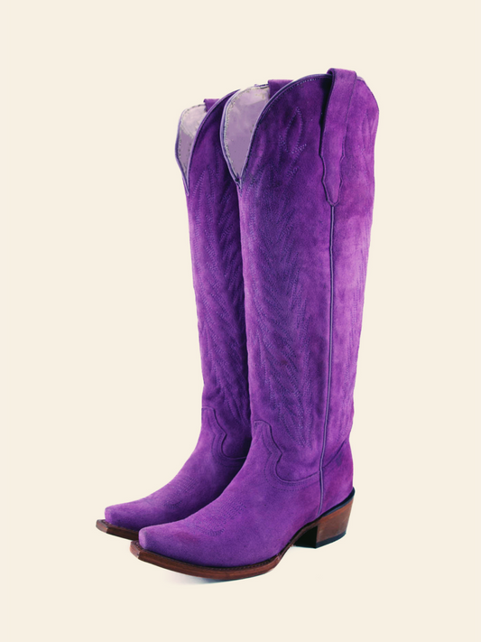 Lilac Purple Faux Suede Embroidery Half Zip Cowgirl Boots Mid Calf Western Tall Boots