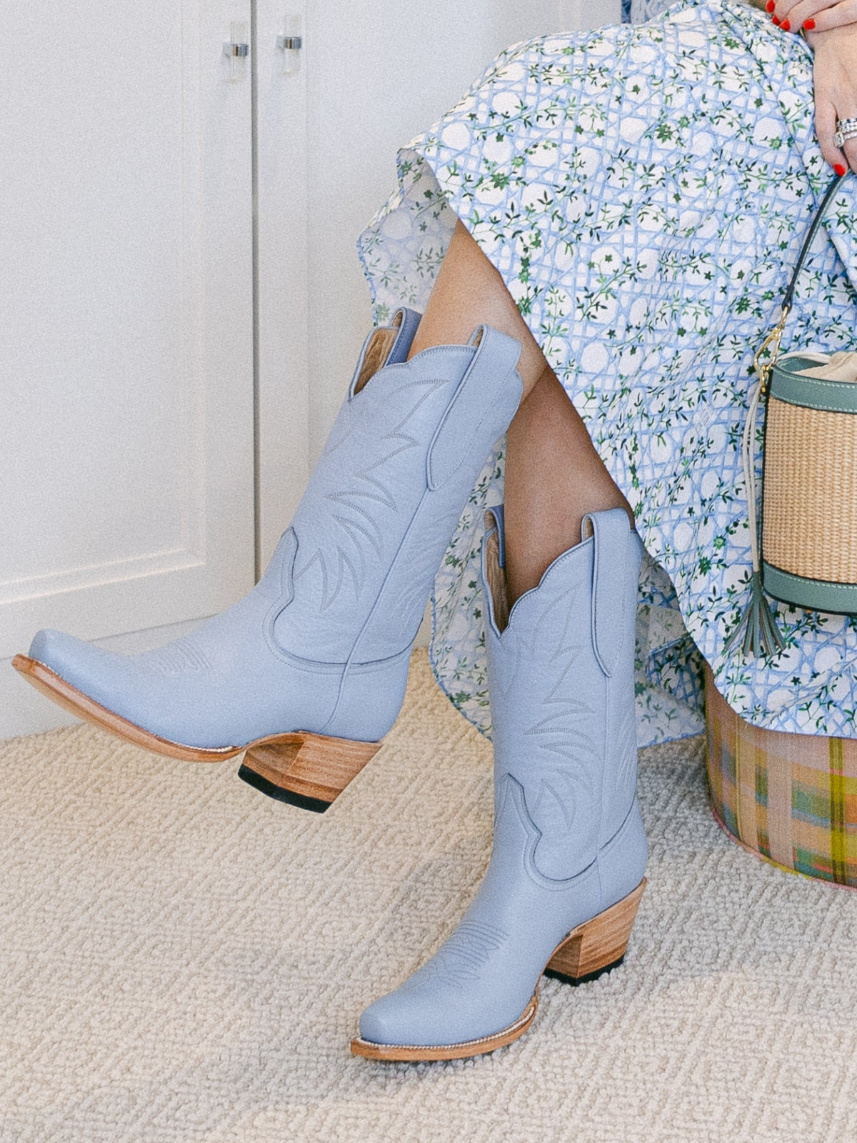 Western Embroidery Snip-Toe Mid Wide Calf Cowgirl Boots - Powder Blue