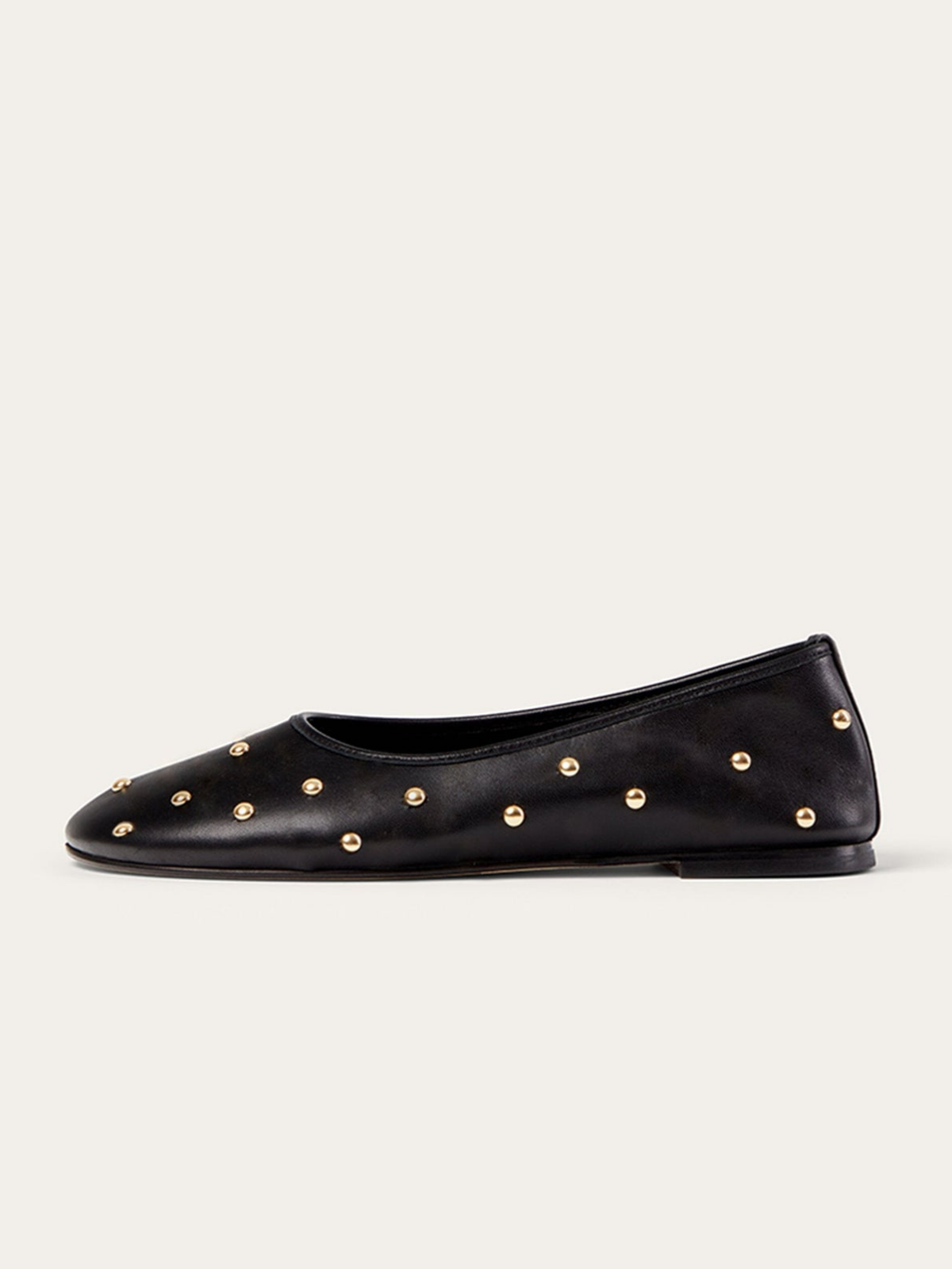 Black Vegan Leather Round-Toe Ballet Flats With Gold Studs