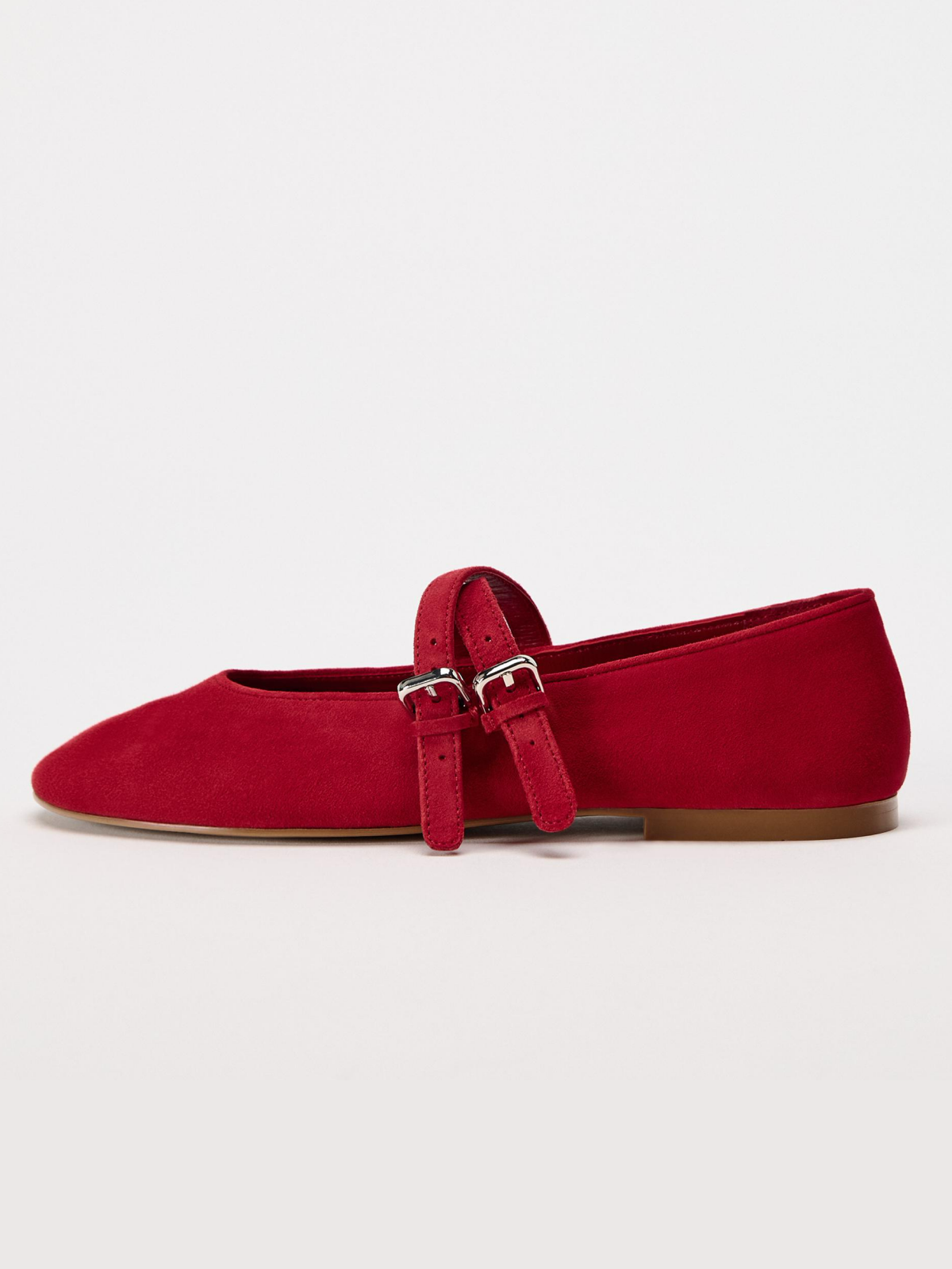 Red Faux Suede Round-Toe Ballet Flats Mary Janes With Double Strap