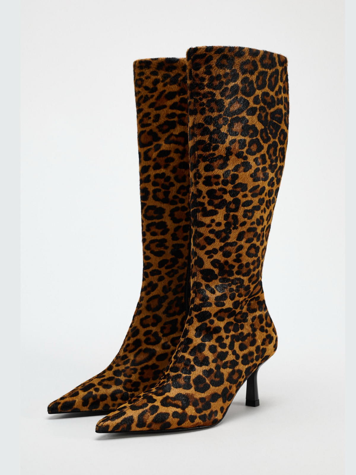 Leopard Faux Pony Hair Vegan Leather Pointed-Toe Full-Zip Mid Calf Stiletto Boots