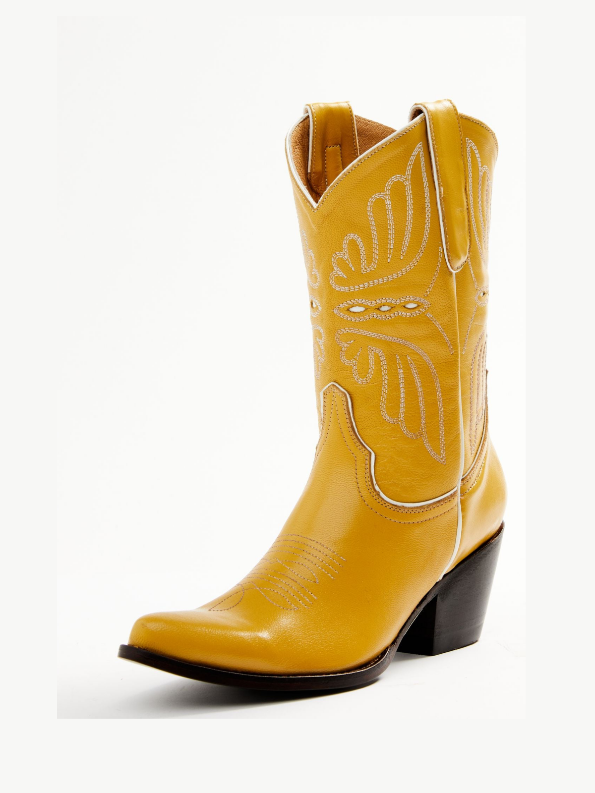 Yellow Butterfly Embroidery Inlay Pointed-Toe Wide Mid Calf Cowgirl Boots