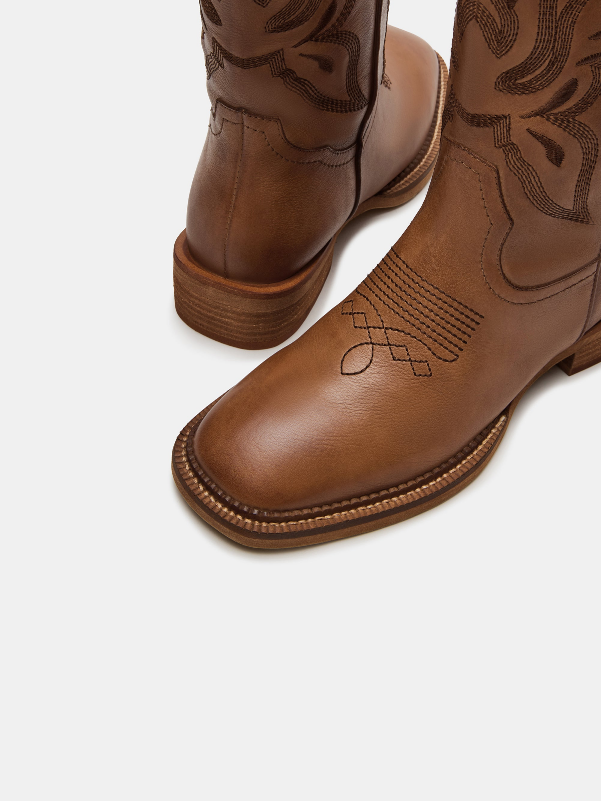 Cognac Square-Toe Classic Embroidery Wide Mid Calf Cowgirl Boots