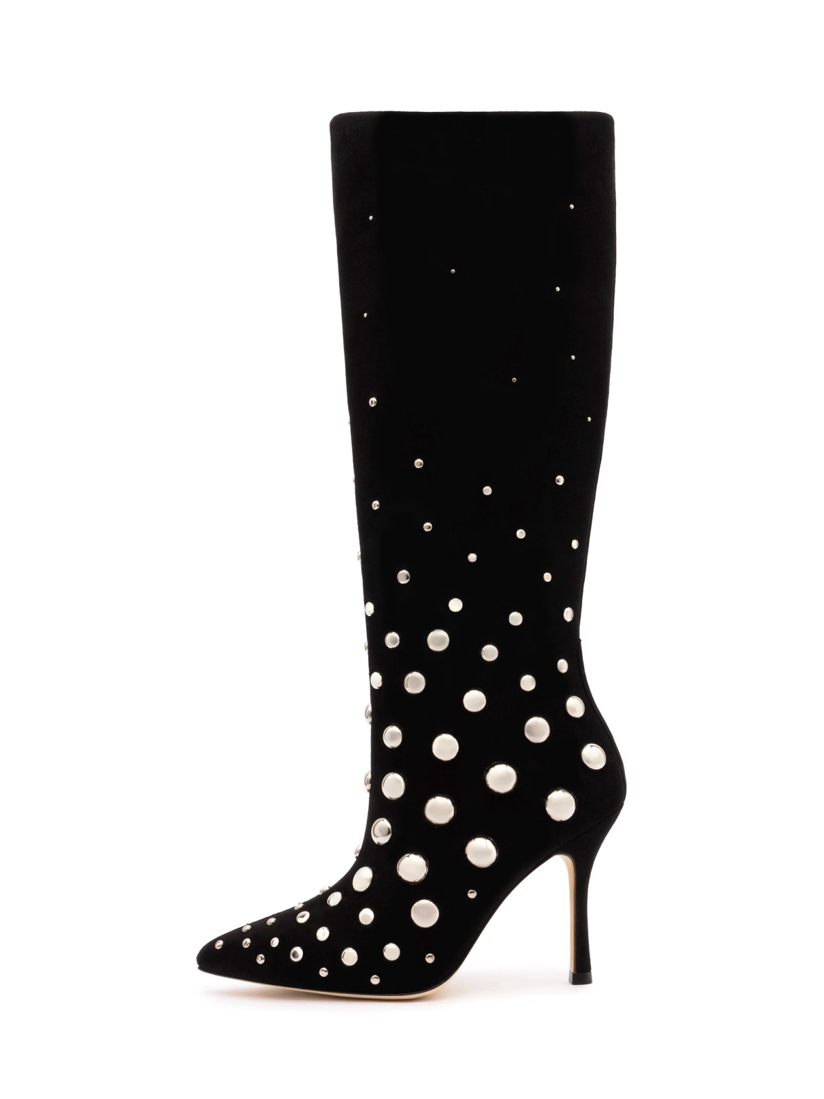 Black Faux Suede Pointed-Toe Wide Mid Calf Stiletto Boots With Studs