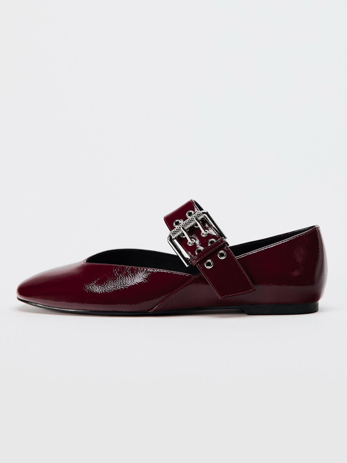 Patent Burgundy Square-Toe Wide Strap With Buckle Mary Janes Ballet Flats