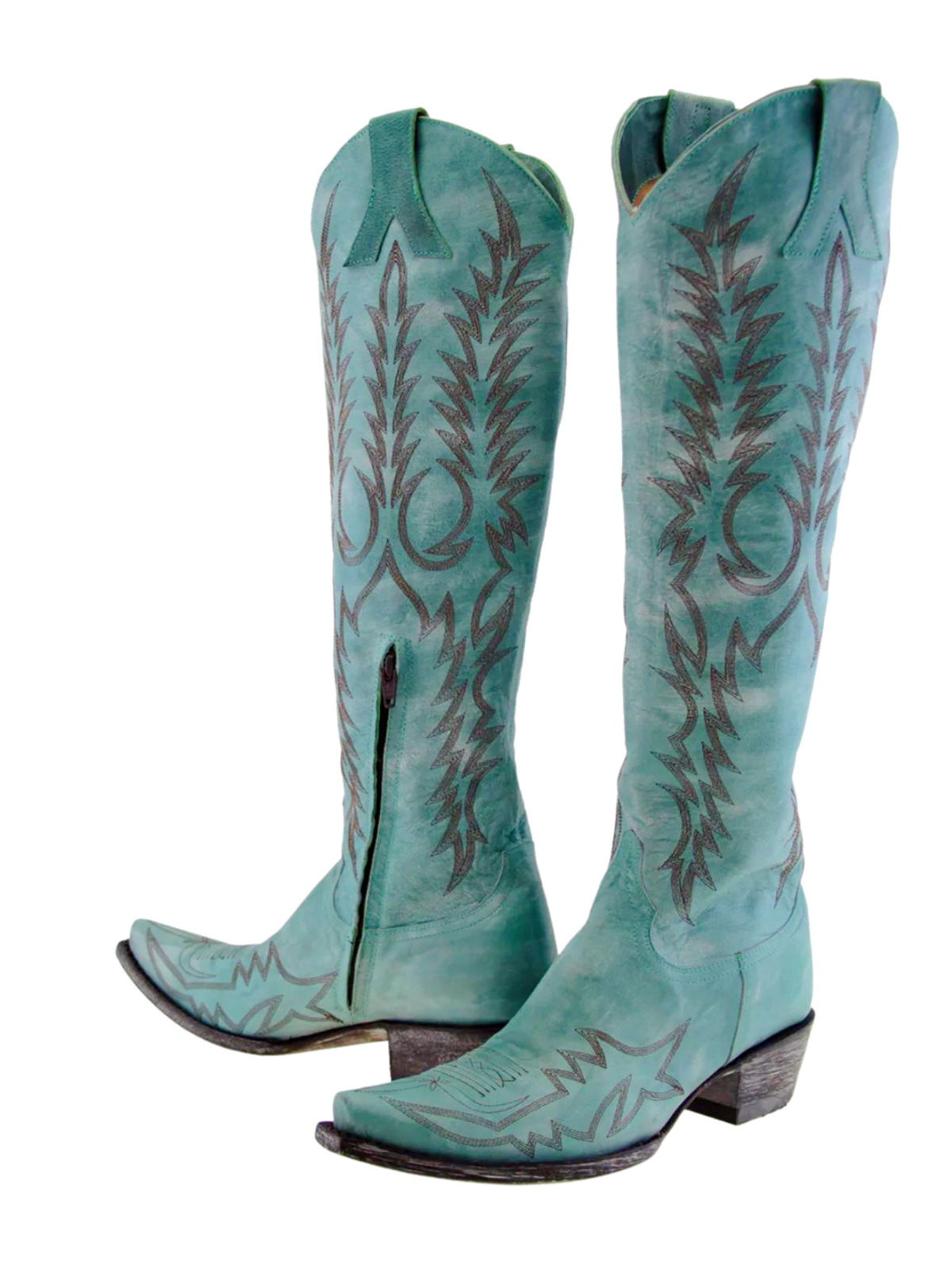 Embroidery Half-Zip Snip-Toe Tall Knee High Cowgirl Boots - Aqua