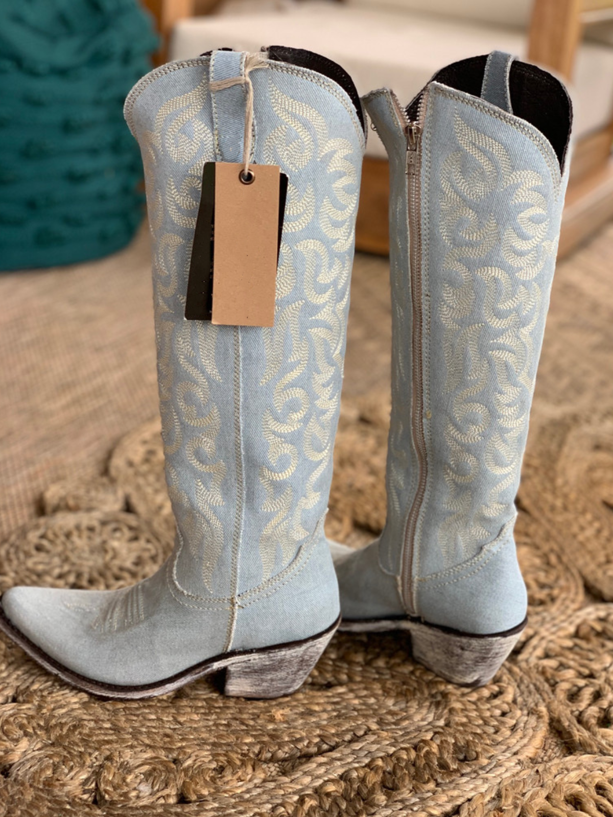 Denim Round Pointed-Toe Embroidery Full-Zip Tall Knee High Cowgirl Boots - Blue