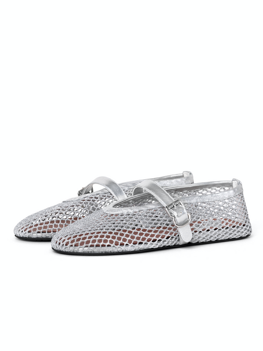 Metallic Silver Fishnet Ballet Flats Mary Janes With Buckle Strap