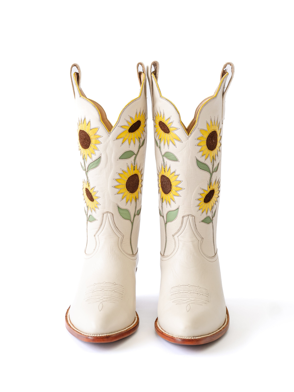 Ivory Faux Suede Sunflower Inlay Almond-Toe Wide Mid Calf Cowgirl Boots