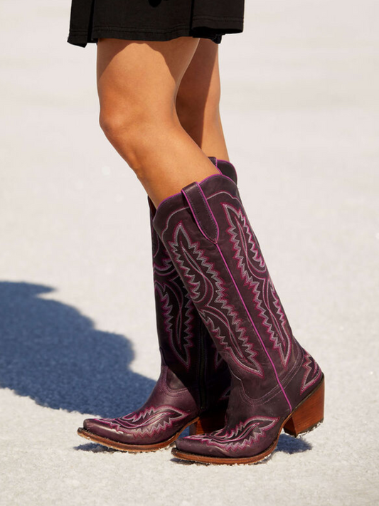 Dark Purple Snip-Toe Wing Embroidery Wide Calf Tall Knee High Cowgirl Boots